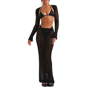 Crochet Knit 2 Piece Skirt Set for Women Long Sleeve Knit Top Hollow Out Bodycon Skirt Set Beachwear Streetwear