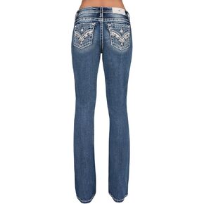 Miss Me Women's Geometric Sequin Stitch Mid-Rise Bootcut Jeans, Medium Wash, White & Silver Embroidery, Faux Flap Pockets