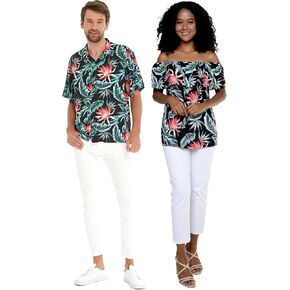 Matchable Couple Hawaiian Luau Shirt or Off-Shoulder Ruffle Muumuu Top in Blooming Lily Black