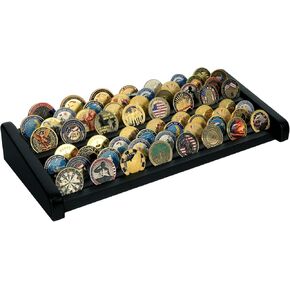 Challenge Coin Display Holder, 12 Rows Wooden Military Coin Stand Holds 80-100 Coins, Army Coin Display Rack for Desk (Black Finish)