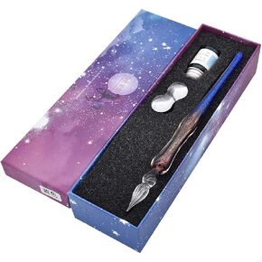 Handmade Glass Dip Pen Ink Set, Crystal Sparkling Signature Drawing Calligraphy Writing Pen with Bottle Ink and Pen Holder - Gradient Light Blue