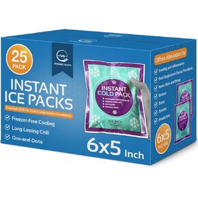 Instant Ice Cold Pack (6" x 5") - 25 Packs Disposable Instant Ice Packs for Injuries | Cold Compress Ice Pack for Pain Relief, Swelling, First Aid, Toothache, & Outdoor Activities -Subscribe & Save