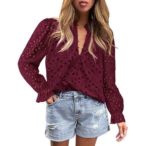 PRETTYGARDEN Women's Dressy Casual Blouse Tops Puff Long Sleeve Button V Neck Hollow Out Lace Embroidered Pullover Shirts