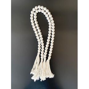 Farmhouse Beads 34in White Wood Bead Garland with Tassels Rustic Country Decor Prayer Boho Beads Big Wall Hanging Decor Set of 2