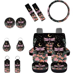 Highland Cow Sunflower 13 Pieces Seat Cover Set Car Front Seat Cover + Seat Belt Cover + Steering Wheel Cover + Keychain + Coaster + Lipstick Cover Universal Car Accessories