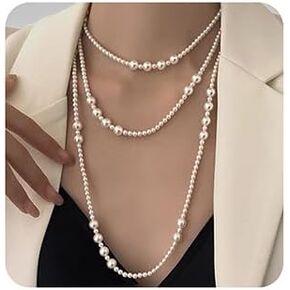 1920s Long White Pearl Beaded Necklace Vintage Pearl Strands Flapper Beads Necklace Faux Pearl Strand Layered Costume Jewelry Accessories for Women