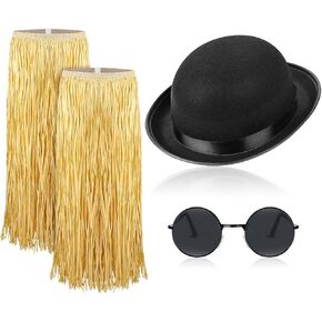 4 Pcs Halloween Luau Hula Skirt with Black Bowler Derby Hat Sunglasses for Men Women Halloween Tropical Party Costume