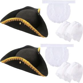 8 Pcs Tricorn Hat Costume Accessories Include 2 Black Colonial Hat 2 White Lace Ties and 4 Cuffs for Adult Kids Halloween Cosplay Dress Up