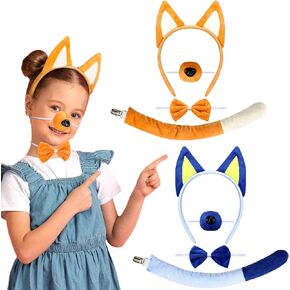 8 Pieces Dog Ears and Tail Set Blue Orange Dog Ears Headband Tail Nose Bow Tie Plush Dog Ears Headband Costume Accessory for Halloween Birthday Animal Cosplay Party Supplies