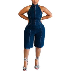 xxxiticat Women's Denim Jumpsuit Sleeveless Front Zipper Up Open Front Halter Neck Open Back One Piece Romper Overalls