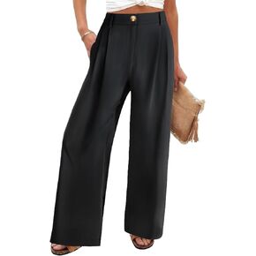 Chatinction Women's High Elastic Waisted Wide Leg Dress Pants Business Work Trousers with Pockets S-2XL