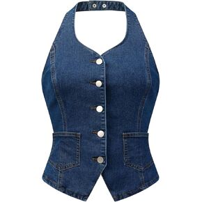 Allegra K Denim Vest for Women's Halter Neck Button Down Backless Jean Waistcoat