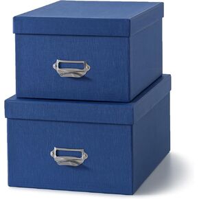 Soul & Lane Blue Cardboard Decorative Boxes for Storage with Lids and Silver Drawer Pulls and Label Holder - Set of 2, Perfect for Home and Office Organizing and Decor, Photo and Memory Boxes