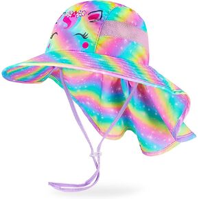 Sun Hat for Kids Girls UV Protection Unicorn Summer Hat Beach Play Hats with Neck Flap for Toddler Kids 2-9 Years