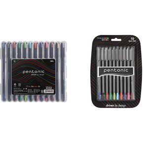 Pentonic Gel Pens In Pen Organizer Case, 12 Count, Assorted Colored Ink, 0.6 mm, 0.7 mm, 1.0 mm, Smooth Writing (PEN12185)