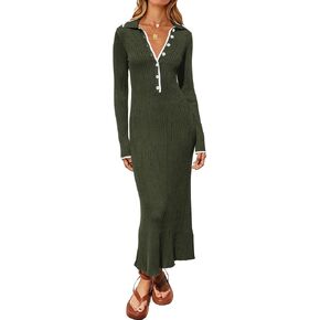 MASCOMODA Women Fall Long Sleeve V Neck Sweater Dress Casual Lapel Button Up Slim Fit Ribbed Knit Long Maxi Dresses