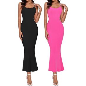 2 Pack Women's Slip Maxi Dress Lounge Elegant Slip Dress Summer Ribbed Bodycon Long Dress