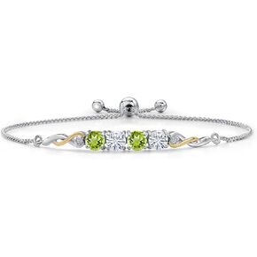 Gem Stone King 2.12 Cttw 925 Silver and 10K Yellow Gold Green Peridot White Moissanite and White Lab Grown Diamond Bracelet For Women | Gemstone Birthstone | Round 5MM | Fully Adjustable 9 Inch
