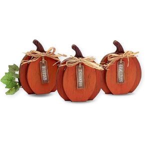 The Bridge Collection 6" "Grateful, Thankful, Blessed Set of 3 Orange Fall Wooden Pumpkins for Harvest & Thanksgiving Decor