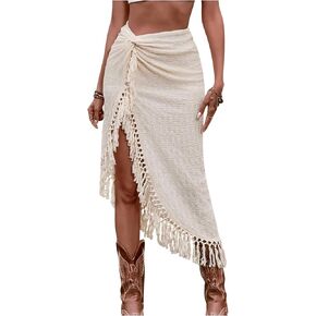 SHENHE Women's Twist Front High Slit Fringe Skirt Asymmetrical Tassel Boho Midi Skirt