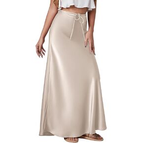 Long Silk Skirt Women's Spring Summer Satin Silk High Waist Drawstring Ruffle A Line Maxi Skirt