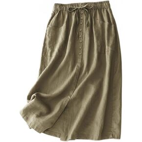 IDEALSANXUN Linen Skirts for Women Summer A Line Flowy Casual Drawstring High Waist Button Down Midi Skirts with Slit