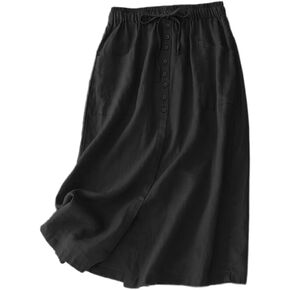 IDEALSANXUN Linen Skirts for Women Summer A Line Flowy Casual Drawstring High Waist Button Down Midi Skirts with Slit
