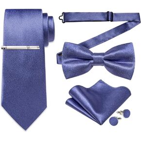 DiBanGu Men Ties Bowtie Set Satin Necktie Bow Tie and Pocket Square Cufflink Set for Men with Silver Tie Clip