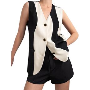 Verdusa Women's Colorblock Sleeveless V Neck Button Front Office Blazer Vest