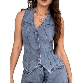 MakeMeChic Women's Sleeveless Button Down Denim Vest Jacket V Neck Asymmetrical Hem Crop Jean Waistcoat