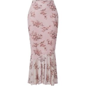 Milumia Women's Floral Mesh Ruffle Hem Maxi Skirt High Waisted Fishtail Long Skirts