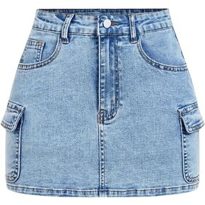 MakeMeChic Women's Casual Bodycon Washed Denim Skirt Button Front Zip Fly Mini Skirts with Flap Pocket