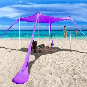 Beach Canopy, Pop Up Beach Tent Sun Shelter UPF50+ w/Sand Shovel, Outdoor Canopy Sun Shade for Camping Trips, Fishing, Lawn, Picnics, Ground Pegs, Windproof Poles & Ropes, Storage Bag