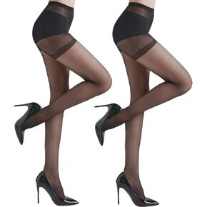 2 Pairs Run-Resist Sheer Tights for Women, 20 Denier Premium Nylon tights with reinforced toe and control top