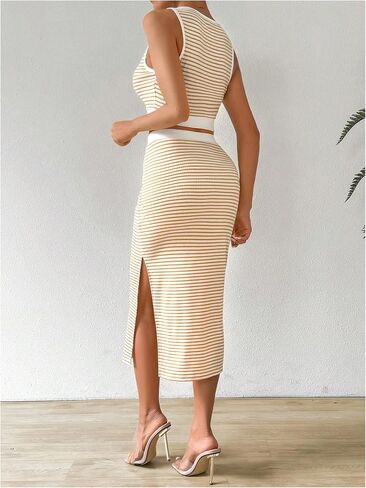 GORGLITTER Women's 2 Piece Summer Outfits Striped Print Sleeveless Crewneck Tank Crop Top and Midi Split Skirt Sets in Kuwait