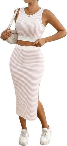 GORGLITTER Women's 2 Piece Summer Outfits Striped Print Sleeveless Crewneck Tank Crop Top and Midi Split Skirt Sets in Kuwait