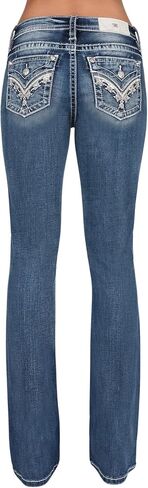 Miss Me Women's Geometric Sequin Stitch Mid-Rise Bootcut Jeans, Medium Wash, White & Silver Embroidery, Faux Flap Pockets in Saudi Arabia