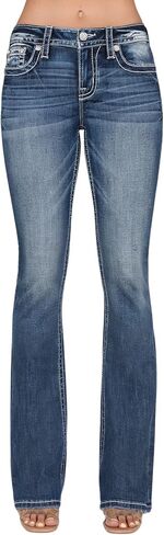 Miss Me Women's Geometric Sequin Stitch Mid-Rise Bootcut Jeans, Medium Wash, White & Silver Embroidery, Faux Flap Pockets in Saudi Arabia
