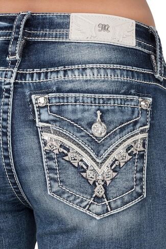 Miss Me Women's Geometric Sequin Stitch Mid-Rise Bootcut Jeans, Medium Wash, White & Silver Embroidery, Faux Flap Pockets in Saudi Arabia