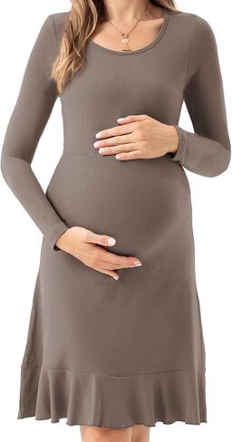 Women's Long Sleeve Maternity Dresses Ruffle Hem Pregnancy Dress in Saudi Arabia