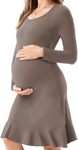 Women's Long Sleeve Maternity Dresses Ruffle Hem Pregnancy Dress in Saudi Arabia