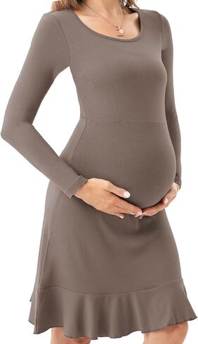 Women's Long Sleeve Maternity Dresses Ruffle Hem Pregnancy Dress in Saudi Arabia