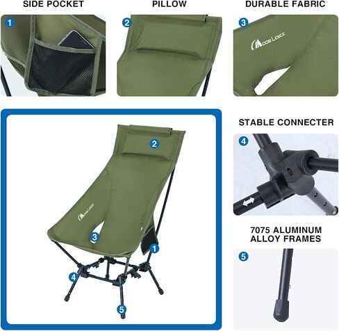 MOON LENCE High Back Folding Camping Chairs, Comfy Head Support, 5 Modes Choice, Portable Lightweight, Beach Lawn Camp Chair, with Height-Adjustable Legs & Anti-Sinking Feet in Kuwait