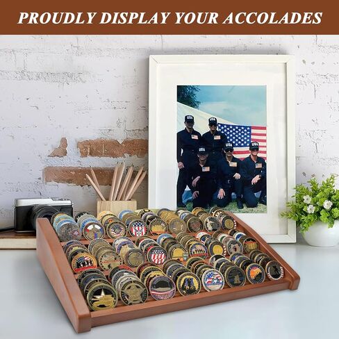 Challenge Coin Display Holder, 12 Rows Wooden Military Coin Stand Holds 80-100 Coins, Army Coin Display Rack for Desk (Black Finish) in Saudi Arabia