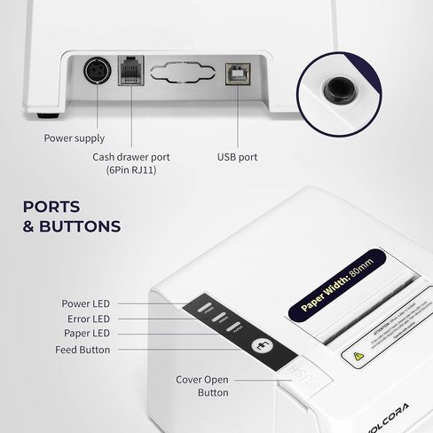 طابعة إيصالات حرارية من فولكورا، طابعة POS مقاس 80 مم مع قاطع تلقائي، واجهة USB/بلوتوث لنظام التشغيل Windows/MAC/Linux، ESC/POS يدعم درج النقود، طابعة مطبخ عالية السرعة، حامل على الحائط، أبيض in Saudi Arabia
