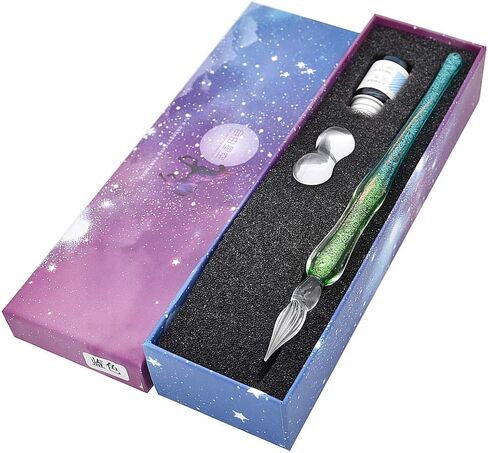 Handmade Glass Dip Pen Ink Set, Crystal Sparkling Signature Drawing Calligraphy Writing Pen with Bottle Ink and Pen Holder - Gradient Light Blue in Saudi Arabia