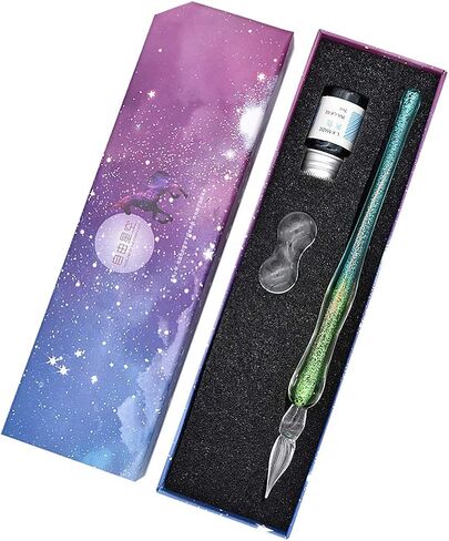 Handmade Glass Dip Pen Ink Set, Crystal Sparkling Signature Drawing Calligraphy Writing Pen with Bottle Ink and Pen Holder - Gradient Light Blue in Saudi Arabia