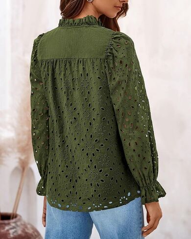 PRETTYGARDEN المرأة بلوزة عادية أنيقة بلايز نفخة كم طويل زر الخامس الرقبة فستان من الدانتيل المطرزة البلوز القمصان in Kuwait