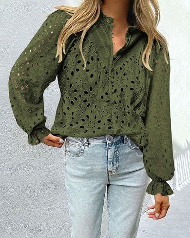 PRETTYGARDEN المرأة بلوزة عادية أنيقة بلايز نفخة كم طويل زر الخامس الرقبة فستان من الدانتيل المطرزة البلوز القمصان in Kuwait