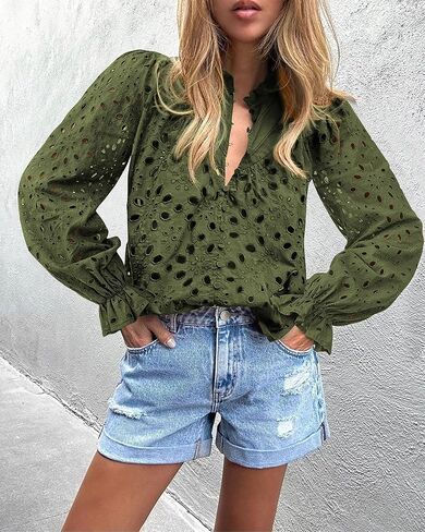 PRETTYGARDEN المرأة بلوزة عادية أنيقة بلايز نفخة كم طويل زر الخامس الرقبة فستان من الدانتيل المطرزة البلوز القمصان in Kuwait